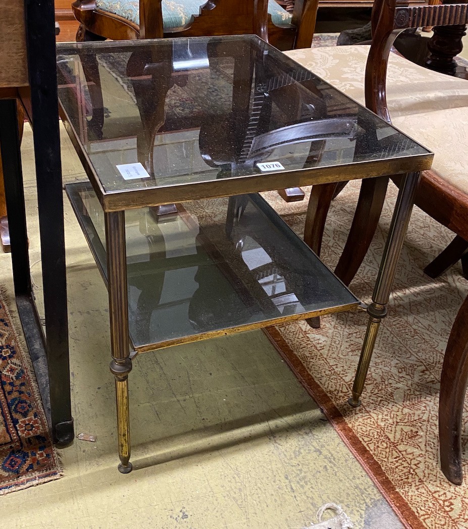 A Maison Janson style brass and glass two tier occasional table, width 46cm, depth 61cm, height 51cm